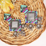 Load image into Gallery viewer, Hastkalakari Handmade Sea-Green Mirror Work Fabric Earrings With Silver Motifs For Women