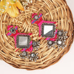 Load image into Gallery viewer, Handmade Pink Mirror Work Fabric Earrings With Silver Motifs For Women