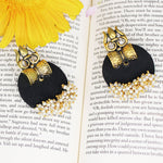 Load image into Gallery viewer, Hastkalakari Handmade Golden Trishul Design Black Fabric Earrings With Pearls For Women