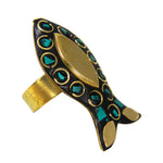 Load image into Gallery viewer, Latest Black Golden Fish Design Ring with Blue Boho Tibetian Work