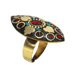 Load image into Gallery viewer, Beautiful Bohemian Black Golden Leaf Shaped Ring with Blue Red Stone