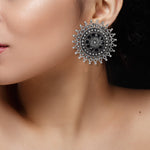 Load image into Gallery viewer, Abhinn Designer Silver Oxidised Sun Shape Black Big Studs For Women