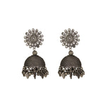 Load image into Gallery viewer, Abhinn Silver Oxidised Studded White Kundan Stones Jhumka Earrings For Women