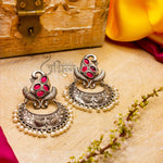 Load image into Gallery viewer, Abhinn Silver Replica Peacock Design Studs With Pink CZ Stones Studded Earrings for Women