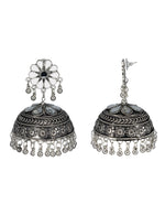 Load image into Gallery viewer, Abhinn Afghani Silver Oxidised Floral Design MIrror Stud Big Jhumka Earring For Women