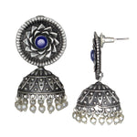Load image into Gallery viewer, Abhinn Silver Replica Blue Floral Design Jhumka With CZ Stone Earrings For Girls
