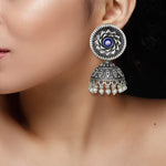 Load image into Gallery viewer, Abhinn Silver Replica Blue Floral Design Jhumka With CZ Stone Earrings For Girls