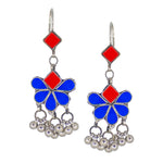 Load image into Gallery viewer, Abhinn Afghani Silver Plated Floral Design Red-Blue Glass Dangler Earrings For Women