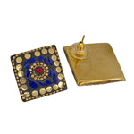 Load image into Gallery viewer, Abhinn Handmade Tibetan Gold Plated Blue Square Stud Earrings For Women