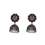 Load image into Gallery viewer, Silver Replica Floral Design Red Stones Studded Studs with Jhumka Earrings For Women