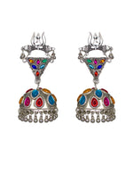 Load image into Gallery viewer, Abhinn Silver Oxidised Shiva Trishul Studs With Multi Colour Jhumka Earring For Women