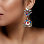 Load image into Gallery viewer, Abhinn Silver Oxidised Shiva Trishul Studs With Multi Colour Jhumka Earrings For Women