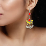 Load image into Gallery viewer, Abhinn Afghani Silver Plated Floral Design Yellow-Red Glass Dangler Earrings For Women