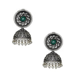 Load image into Gallery viewer, Abhinn Silver Replica Floral Design Jhumka Earring With Green CZ Stone For Girls.