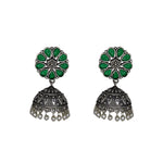 Load image into Gallery viewer, Silver Lookalike Floral Design Green Stones Studded Studs with Jhumka Earrings