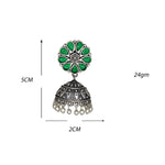 Load image into Gallery viewer, Silver Lookalike Floral Design Green Stones Studded Studs with Jhumka Earrings