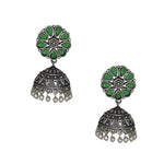 Load image into Gallery viewer, Silver Lookalike Floral Design Green Stones Studded Studs with Jhumka Earrings