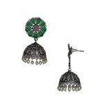 Load image into Gallery viewer, Silver Lookalike Floral Design Green Stones Studded Studs with Jhumka Earrings