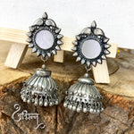 Load image into Gallery viewer, Abhinn Handmade Silver Oxidised Mirror Stud Jhumki Earrings For Women