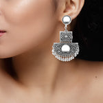 Load image into Gallery viewer, Abhinn Silver Oxidised Floral With Mirror Dangler Earrings For Women
