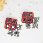 Load image into Gallery viewer, Hastkalakari Handmade Beaded Pink-Orange Diamond Shape Mirror Earrings For Women