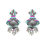 Load image into Gallery viewer, Hastkalakari Handmade Sea-Green Mirror Work Fabric Earrings With Silver Motifs For Women