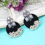 Load image into Gallery viewer, Hastkalakari Handmade Silver Trishul Design Black Fabric Earrings With Pearls For Women