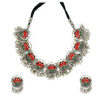 Load image into Gallery viewer, Abhinn Silver Oxidised Red Lotus Design Necklace Set For Women