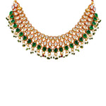 Load image into Gallery viewer, Royal Gold Plated Designer Kundan Stone Rani Har Design Droplet shape Necklace and Earrings with White Green Stones and Pearls