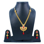 Load image into Gallery viewer, Royal Gold Plated Designer Kundan Stone Rani Har Design Necklace and Jhumka Earrings with White Red Stones and Pearl Chain
