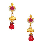 Load image into Gallery viewer, Royal Gold Plated Designer Kundan Stone Rani Har Design Necklace and Jhumka Earrings with White Red Stones and Pearl Chain