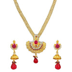 Load image into Gallery viewer, Royal Gold Plated Designer Kundan Stone Rani Har Design Necklace and Jhumka Earrings with White Red Stones and Pearl Chain