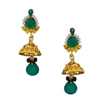 Load image into Gallery viewer, Royal Gold Plated Designer Kundan Stone Rani Har Design Necklace and Jhumka Earrings with White Green Stones and Pearl Chain
