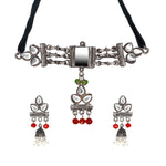 Load image into Gallery viewer, Abhinn Silver Oxidsied Floral Design White Choker Set For Women
