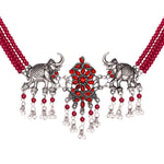 Load image into Gallery viewer, Abhinn Silver Oxidised Elephant And Floral Design Red Choker Set For Women