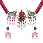 Load image into Gallery viewer, Abhinn Silver Oxidised Elephant And Floral Design Red Choker Set For Women