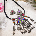 Load image into Gallery viewer, Abhinn Afghani Silver Oxidised Multi Colour Temple Design Necklace Set For Women
