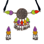 Load image into Gallery viewer, Abhinn Afghani Silver Oxidised Tribal Multi Color Choker Set For Women