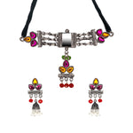 Load image into Gallery viewer, Abhinn Silver Oxidsied Floral Design Multi Colour Choker Set For Women