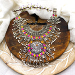 Load image into Gallery viewer, Abhinn Silver Oxidised Floral Necklace Seṭ With Pink Orange CZ Stones & Pearls