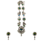 Load image into Gallery viewer, Abhinn Silver Oxidised Peacock Design Necklace Set With White Pearls