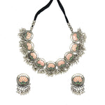 Load image into Gallery viewer, Abhinn Silver Oxidised Pink Lotus Design Necklace Set For Women