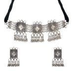 Load image into Gallery viewer, Abhinn Silver Oxidised Temple Design Necklace Set With White Mirror And CZ Stone For Women