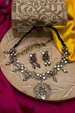 Load image into Gallery viewer, Abhinn Silver Oxidised Floral Design Mirror Pendant Set For Women