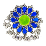 Load image into Gallery viewer, Abhinn Designer Silver Oxidised Floral Blue-Parrot Green Color Glass Premium Rings For Women