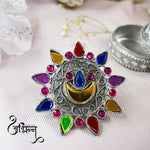 Load image into Gallery viewer, Abhinn Afghani Silver Oxidised Diya Design Multi Colour Ring For Women