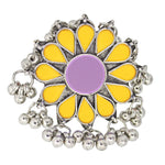 Load image into Gallery viewer, Abhinn Designer Silver Oxidised Floral Purple-Yellow Color Glass Premium Rings For Women