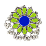 Load image into Gallery viewer, Abhinn Designer Silver Oxidised Floral Parrot Green-Blue Color Glass Premium Rings For Women