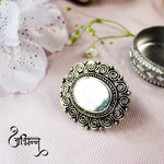 Load image into Gallery viewer, Abhinn Silver Oxidised Temple Design Oval Shaped Mirror Ring For Women