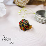 Load image into Gallery viewer, Abhinn Latest Bohemian Black Golden Design Ring with Red Stone